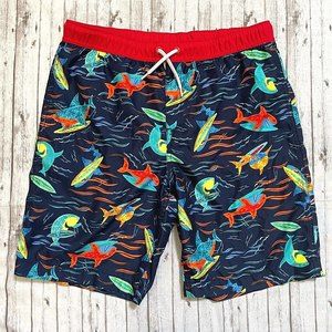 Lands End Boys Swim Trunks XL 14H-16H Blue Red Surfing Sharks Husky Lined